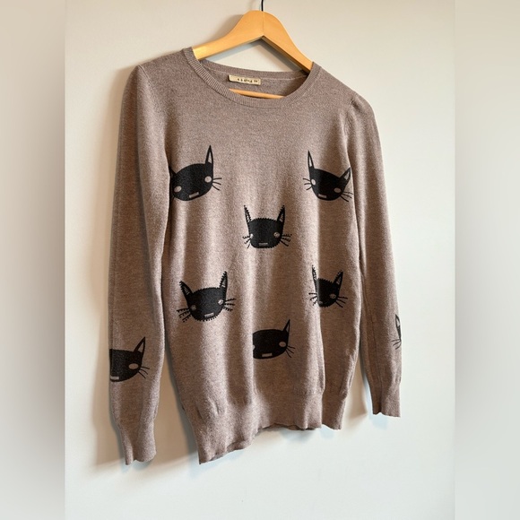 DD Style Cat Print Wool Blend Brown Sweater | Size Small/Medium - Picture 3 of 8